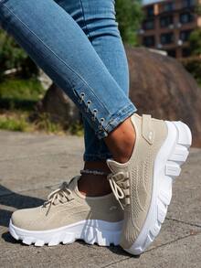 Women's Breathable Mesh Chunky Sneakers, Thick Sole Height-Increasing, Suitable For Daily Shopping, Outdoor Walking, Commuting And Fitness - Beige - View 9