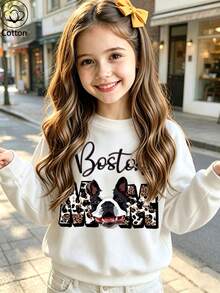 Girls' Boston Terrier & Leopard Print Letter Crew Neck Sweatshirt, Casual Dropped Shoulder Long Sleeve Pure Cotton Pullover - White - View 9