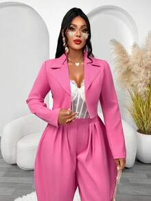 Fashion Pink Women's Suit Set, Short Lapel Blazer With Pleated Harem Pants, Regular Sleeves, Autumn Party 2 Pieces Set, Suitable For Daily, Commute, Holiday Fashion Occasions - Pink - View 5