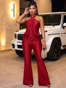 Women's Burgundy Halter Neck Sleeveless Backless Long Jumpsuit, Ruched Detail, High Elastic Knit Fabric, Suitable For Autumn Wear - Burgundy - View 8