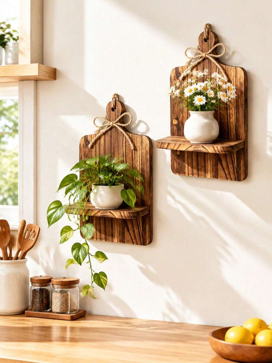 Rustic Floating Shelf Farmhouse Wall Rack Cutting Board Wooden Wall Shelf Distressed Farmhouse Wall Decor, Suitable For Living Room, Bathroom, Bedroom - Multicolor - View 1