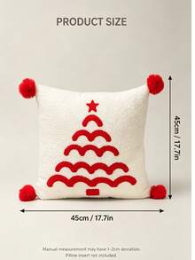 1pc Christmas Tree Embroidered Pillow Cover With Red Pom Poms, Soft Teddy Fabric Decorative Throw Pillow Case For Sofa Couch Home Xmas Decor, Cushion Cover Without Insert - Multicolor - View 3