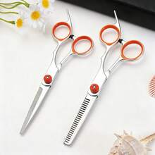 1/2Pcs Professional Hair Scissors Set, 6 Inch Stainless Steel Hair Cutting & Thinning Shears, Orange Finger Ring Design Salon Home Hairdressing Scissors - Orange - View 1