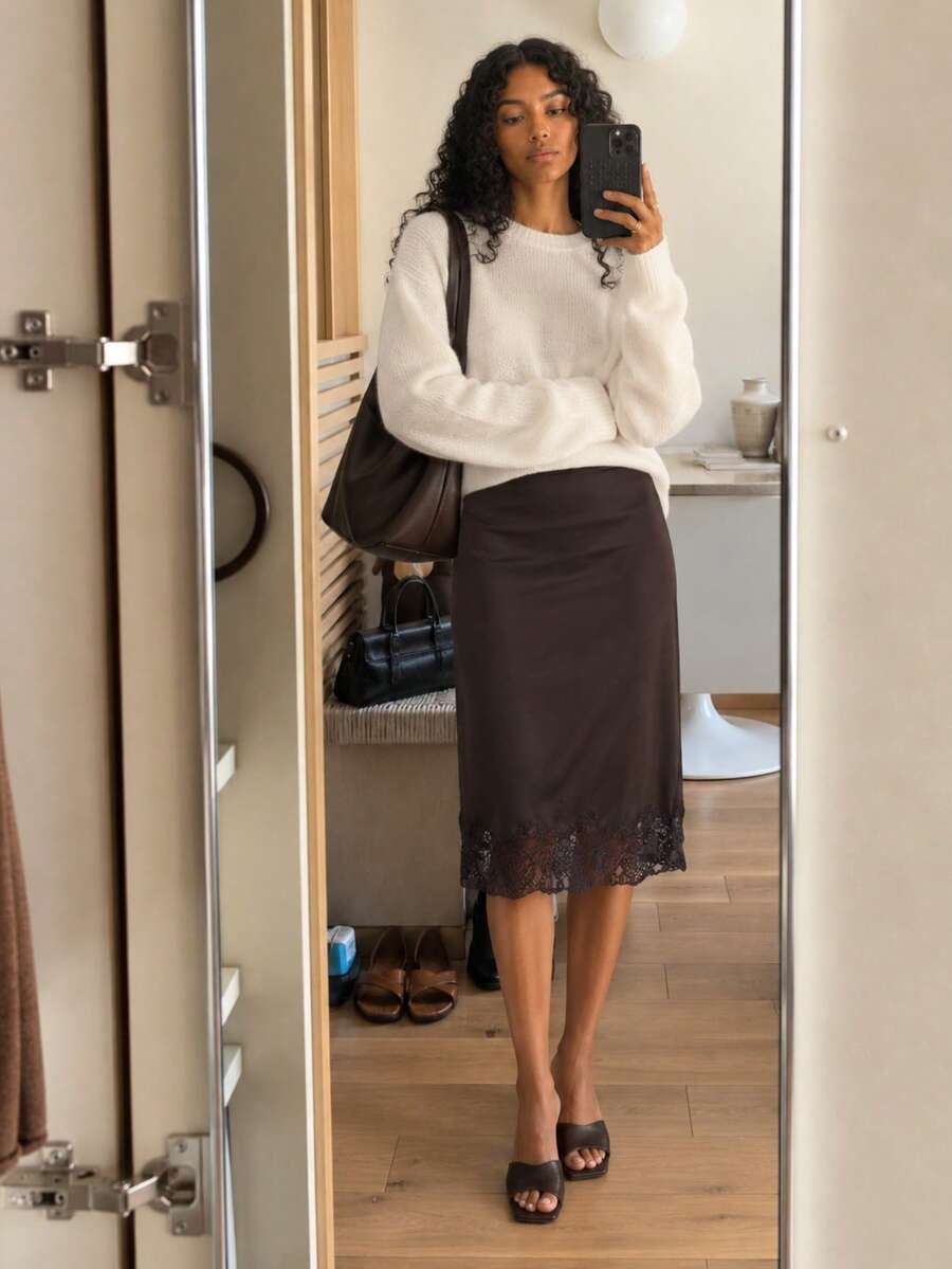 Zerodot Women Dark Brown With Lace Hem & Back Slit Bodycon Skirt Party Going Out Fall Pre Fall - Brown - View 1