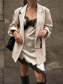 Women's Autumn/Winter Fashion Light Commute Oversized Padded Shoulder Mid-Length Single-Breasted One-Button Long Sleeve Blazer Jacket With Lining - Beige - View 3
