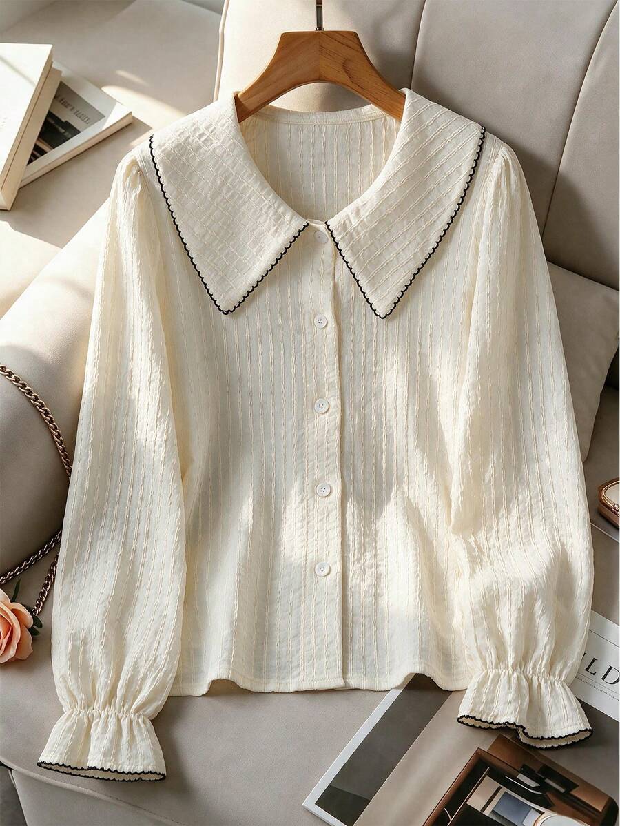 Tween Girls Peter Pan Collar Blouse, Contrast Trim Textured Button Up Shirt, Teen Tween Girl Cute Long Sleeve Ruffle Cuff Top - Apricot - View 1