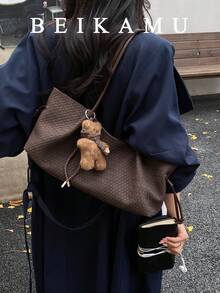 Women's Faux Leather Woven Tote Handbag, Drawstring Ruched Large Capacity Daily Shoulder Bag, Commute Casual Versatile Women's Bag, Without Pendant - Coffee - View 3