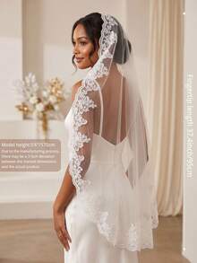1pc Fingertip Length Bridal Veil, Lace Trim Mantilla Style, With Comb, Bridal White And Ivory - Multicolor - View 2