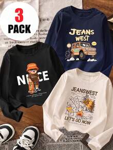 3pcs/Set Tween Boys American Outdoor Cartoon Long Sleeve T-Shirt, Skateboard Bear Off-Road Camping Loose Base Layer Top For Spring And Autumn - Navy Blue - View 2