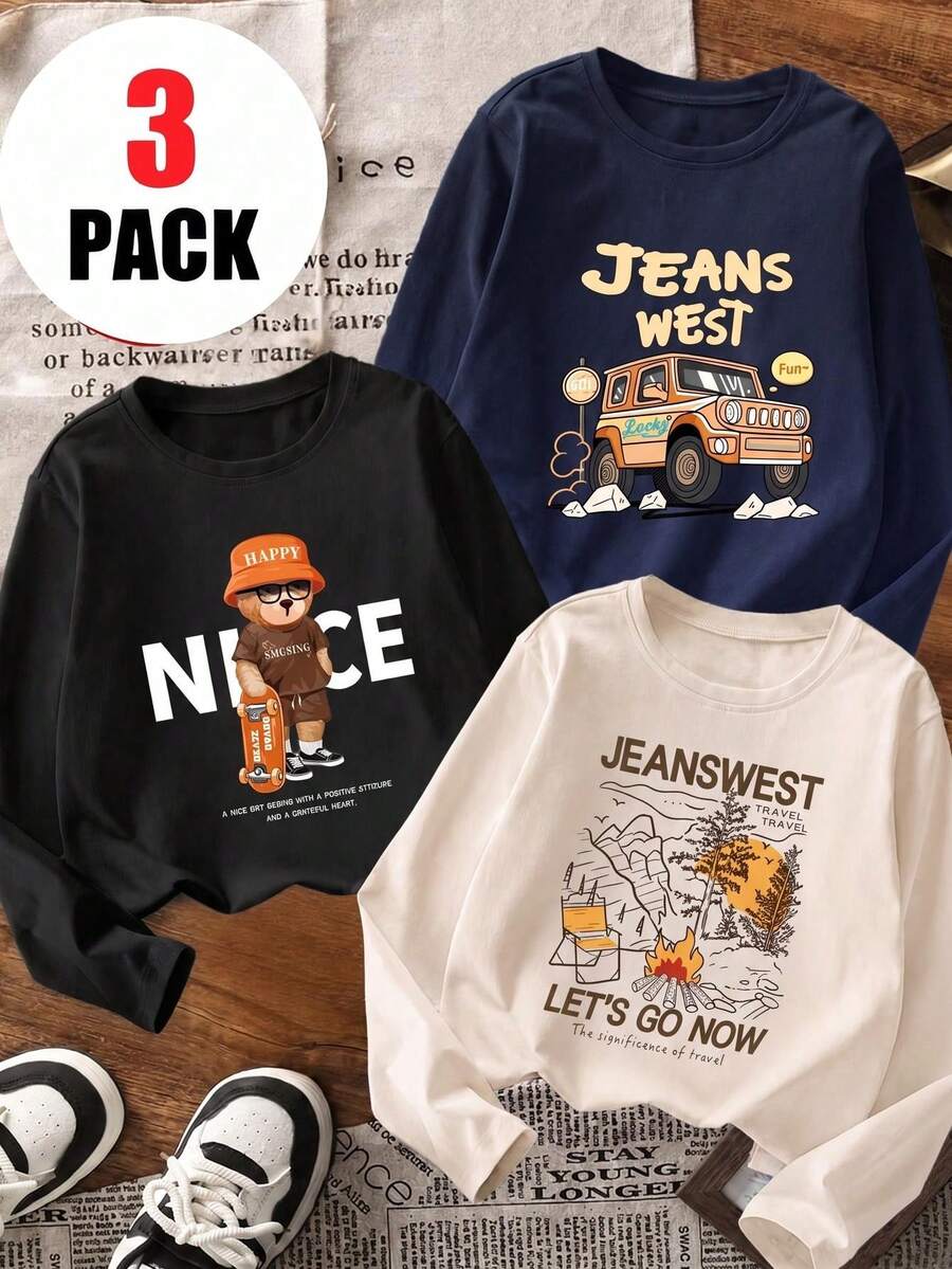 3pcs/Set Tween Boys American Outdoor Cartoon Long Sleeve T-Shirt, Skateboard Bear Off-Road Camping Loose Base Layer Top For Spring And Autumn