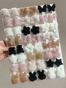 10入隨機復古純色毛絨髮夾 可愛兔子/熊/花朵/蝴蝶/星星側夾瀏海夾 甜美女孩髮飾 日常穿搭派對頭飾 - 彩色 - 查看 1