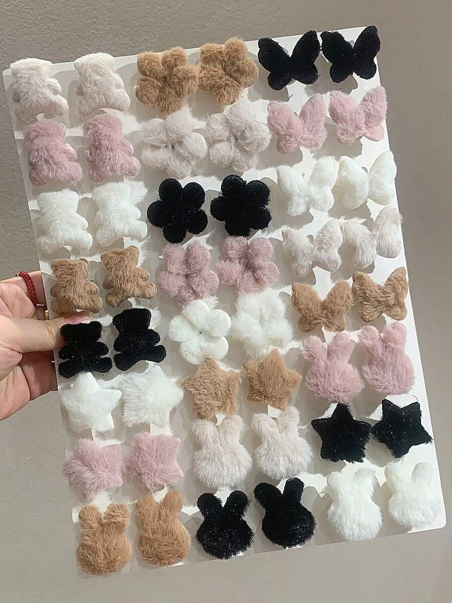 10入隨機復古純色毛絨髮夾 可愛兔子/熊/花朵/蝴蝶/星星側夾瀏海夾 甜美女孩髮飾 日常穿搭派對頭飾 - 彩色 - 查看 1