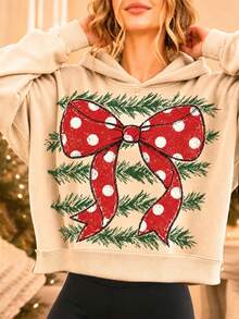 Plus Size Women's Christmas Pattern Sweatshirt, Red Polka Dot Bow And Pine Branch Distressed Print, Christmas Round Neck Long Sleeve Winter Holiday Top - Khaki - View 1