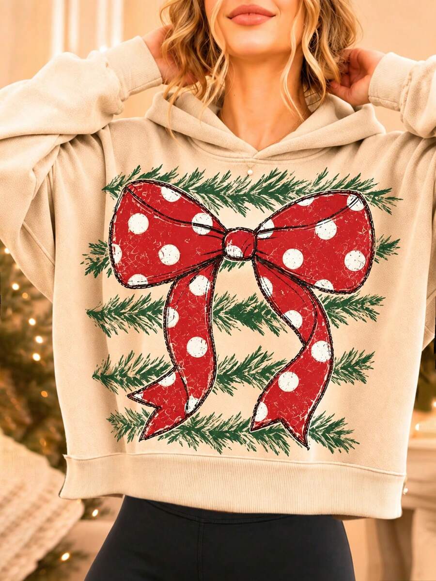 Plus Size Women's Christmas Pattern Sweatshirt, Red Polka Dot Bow And Pine Branch Distressed Print, Christmas Round Neck Long Sleeve Winter Holiday Top - Khaki - View 1