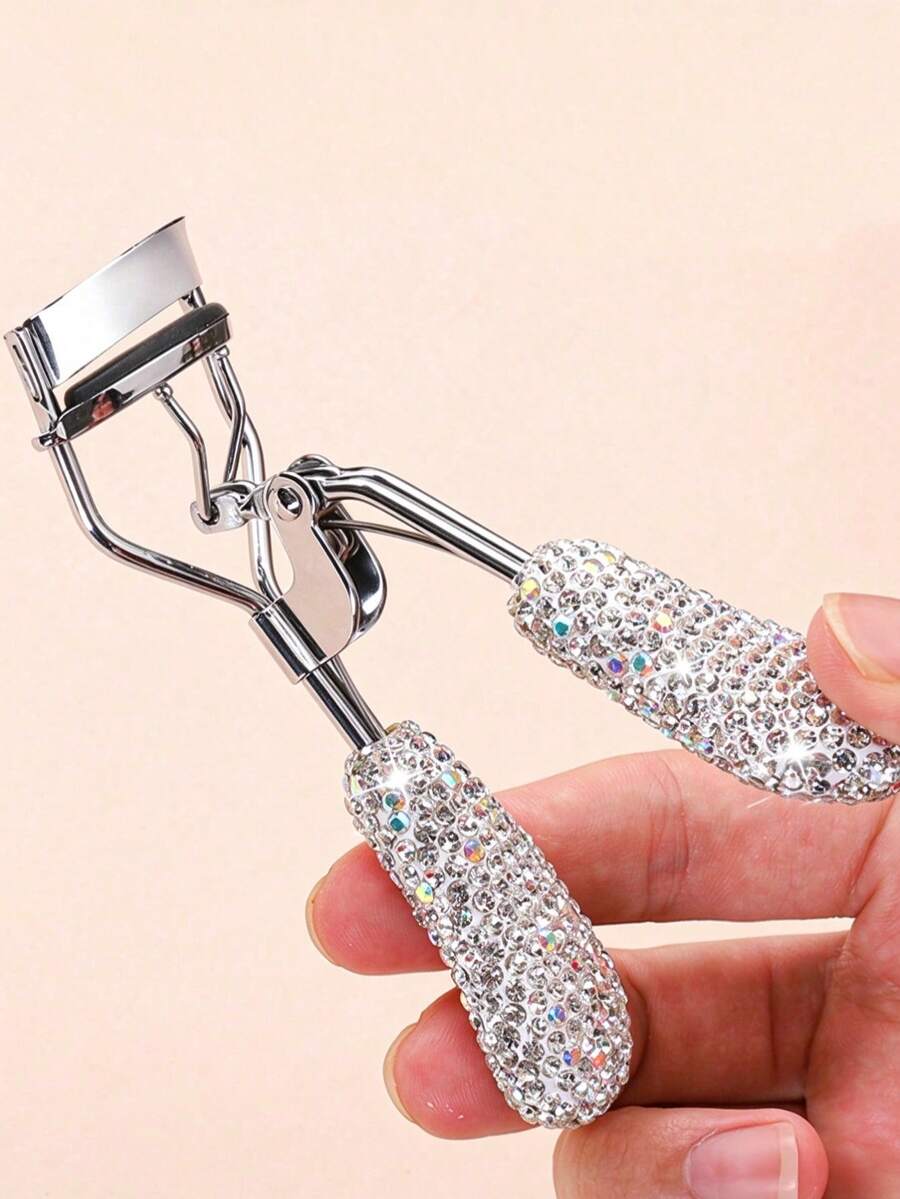 1pc Rhinestone Decorated High-End Faux Diamond Wide Angle Eyelash Curler With Rubber Pad, Essential Makeup Tool For Curling Eyelashes, Portable Eyelash Curler And Styler, Long-Lasting Natural Lift, Suitable For All Eye Shapes, Portable And Durable Eye Makeup Tool - Multicolor - View 1