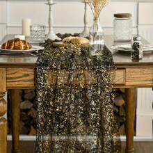 1pc Black & Gold Sequin Table Runner, Shattered Gold Tulle, Polyester Rectangular Shiny Tablecloth, Wedding Table Runner, Birthday Baby Shower Wedding Party Decoration, Halloween Party Decoration, Happy Halloween Home Decor, Trick Or Treat Decoration - Black Gold - View 2