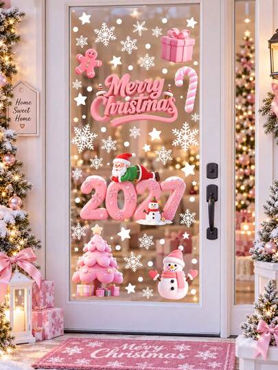 Stiker Jendela Natal, Stiker Jendela Tempel Statis Selamat Natal dengan Kepingan Salju, Santa Claus, Manusia Salju, Pohon Natal dan Hadiah, Stiker Pintu Kaca yang Dapat Digunakan Kembali, Dekorasi Pesta Natal dan Tahun Baru di Rumah