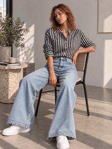 Women Striped Button Down Shirt Long Sleeve Collared Pocket Blouse Relaxed Fit Casual Office Work Top - Black and White - View 4