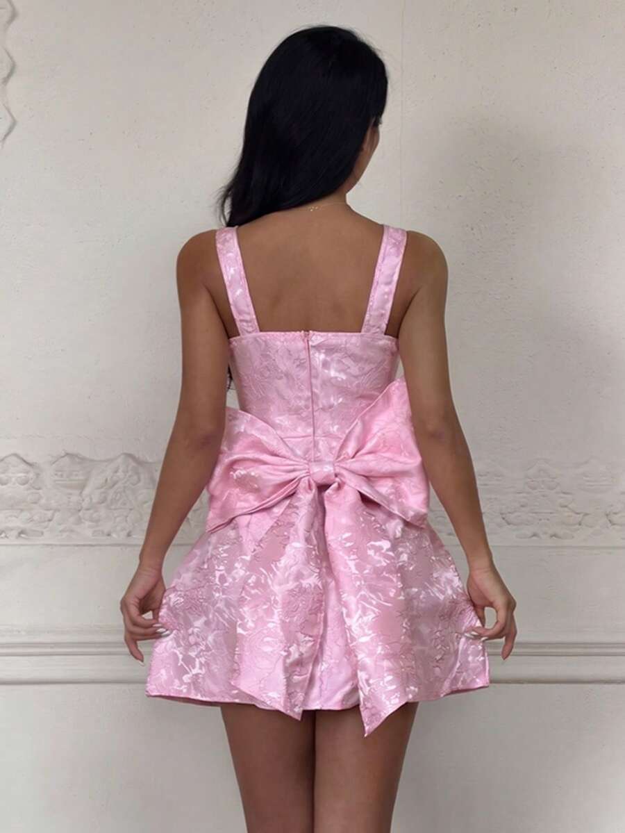 Summer Pink Elegant Dress Fashion Square Neck Back Bow A-Line Strap Dress, Suitable For Dating, Graduation Season, Party