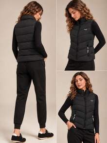 Women's Black Thermal-Lined Quilted , Stand Collar Sleeveless Zip-Up Design With Zipper Pockets For Layering - Black - View 7