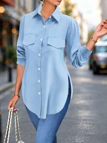Women's Fashion Side Slit Hem Faux Pocket Casual Blouse Spring - Blue - View 2