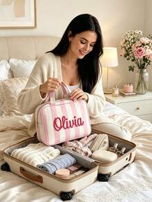 1 buah Tas Kosmetik Bergaris yang Dipersonalisasi, Nama Dapat Disesuaikan, Tas Perlengkapan Mandi Perjalanan Kapasitas Besar dengan Pegangan dan Pengait, Tas Penyimpanan Perlengkapan Mandi Wanita Portabel, Hadiah Undangan Pengiring Pengantin - MultiWarna - View 5