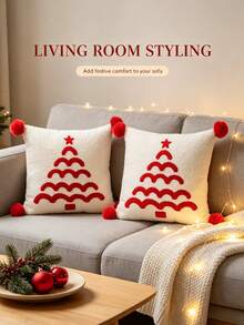 1pc Christmas Tree Embroidered Pillow Cover With Red Pom Poms, Soft Teddy Fabric Decorative Throw Pillow Case For Sofa Couch Home Xmas Decor, Cushion Cover Without Insert - Multicolor - View 10