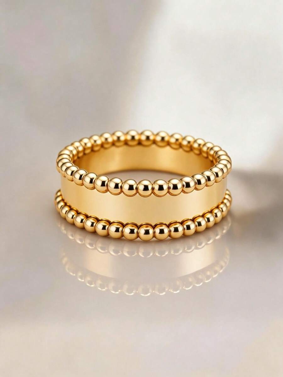 1pc 18K Gold Plated Double Row Bead Wide Band Ring, Unique Luxury Ring, Suitable For Women Girls Daily Party Decoration And Holiday Gift - Yellow Gold - View 1