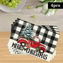 1/4/6pcs Christmas Series Black & White Plaid Red Truck & Christmas Tree Pattern Printed Placemats, Heat Resistant Table Mats For Home Kitchen/Dining Table Protection, Party Scene Decoration - Multicolor - View 16