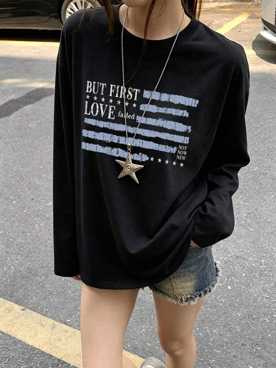 Women's Fashion Autumn/Winter Loose Minimalist Versatile Letter Print Long Sleeve T-Shirt - Black - View 1