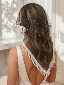 1Pc Black Star‑Moon Glitter Mesh Hooded Veil, Triangle Lace Edge With Teardrop Pearl Tassel Pendant,Gothic Headpiece For Halloween Party - Multicolor - View 5