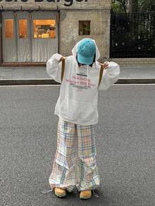 女款字母印花連帽衛衣，秋冬慵懶寬鬆百搭街頭風美式混色灰上衣 - 花灰色 - 查看 4