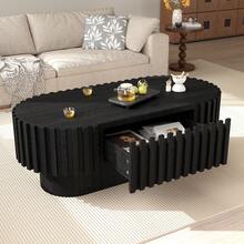 Oval Coffee Table 100*50*35.5 Cm, Living Room Table With Drawer, Side Table, Decorative Vertical Slat Design, Stable Wooden Coffee Table For Living Room, Max Load 20 Kg, Black - Black - View 3