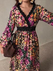 Rusttydustty Women's Plus Size All-Over Ditsy Floral V-Neck Vintage Elegant Dress - Multicolor - View 1