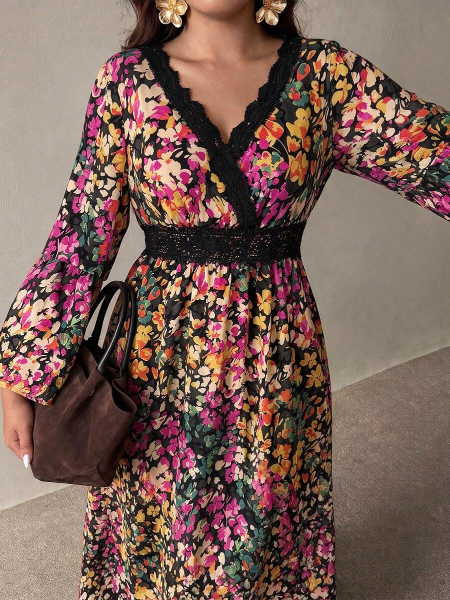 Rusttydustty Women's Plus Size All-Over Ditsy Floral V-Neck Vintage Elegant Dress - Multicolor - View 1