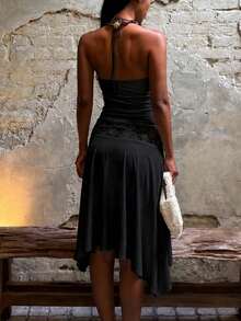 Kliou Patchwork Jacquard Simple 2 Pieces Set Women Halter Bandage Backless Vest+Asymmetrical Hem Folds Skirt Elegant Party Suit - Black - View 4