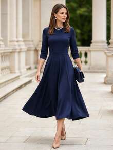 Women Boat Neck Dress 3/4 Sleeve A Line Flared Hem Elegant Apparel For Fall Winter Daily Commuting Going Out Dating - Royal Blue - View 1