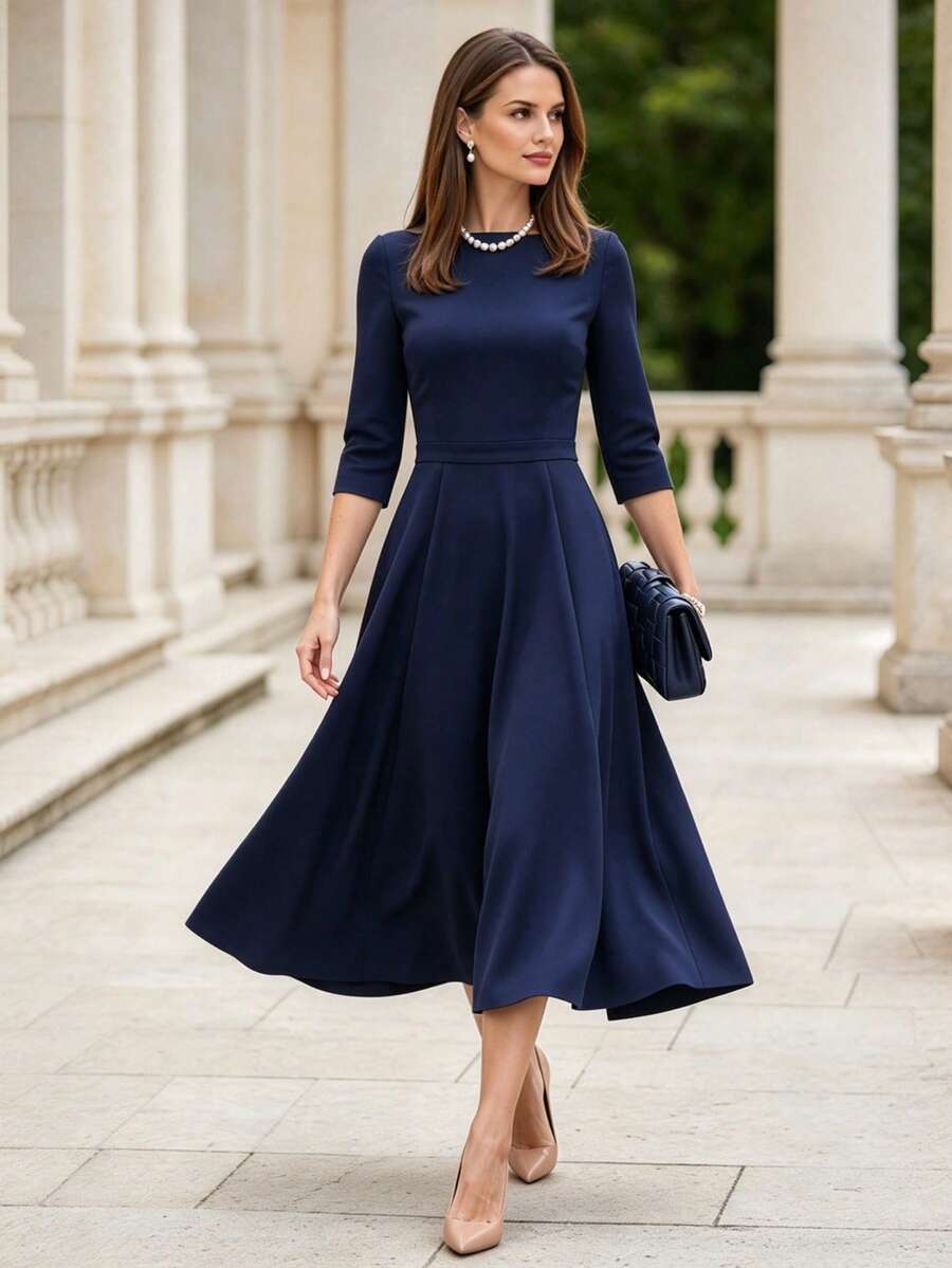 Women Boat Neck Dress 3/4 Sleeve A Line Flared Hem Elegant Apparel For Fall Winter Daily Commuting Going Out Dating - Royal Blue - View 1