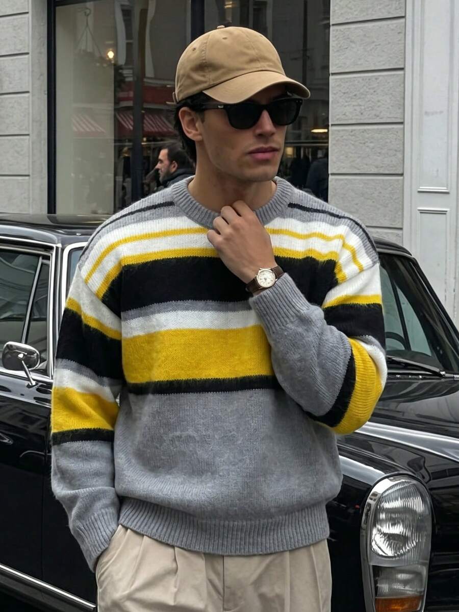 Sweater Pullover Rajut Pria Model Kasual Leher Bulat Lengan Panjang Bergaris Warna Blok Gaya Kampus, Musim Gugur/Dingin - Grey - View 1