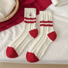 1pair/3pairs/5pairs, Cozy Christmas Plush Socks, Twisted Texture Colorblock Embroidered Thick Home Floor Socks, Holiday Gift Socks - Multicolor - View 3
