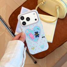1pc Blue Pink Polka Dot Heart Cartoon Print, Cute Hand-Drawn Style Rabbit Bear Cherry Pattern, Sweet Girl Playful Style, IMD Film Process, Soft Edge Full Coverage Phone Case, Contrast Color Lens Frame Design, Precise Cutouts, Comfortable Grip, Suitable For All Series, Full Of Playful Cartoon Elements, Essential Item For Energetic Girls - Blue - View 2