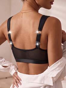 Women's Fashion Eyelash Lace Patchwork Sexy Bra, Mesh Patchwork Adjustable Shoulder Strap Lingerie - Black - View 2