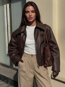 Casual Fashion Solid Color Zipper Pocket Women Jacket Coat, Solid Color Zipper Long Sleeve Retro Casual PU Jacket Fall - Rust Brown - View 1