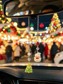 Christmas Cute Santa Claus Snowman Car Rearview Mirror Hanging Ornament, Beaded Chain Christmas Car Decor, Holiday Atmosphere Interior Decoration For Women - Christmas - View 3