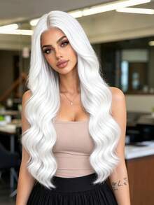 24 Inch White Middle Part Curly Wig, Heat-Resistant Synthetic Fiber, Comfortable And Breathable, Fashionable Elegant Voluminous Natural Style, Suitable For All Women, Comfortable For Daily Wear, Eye-Catching For Parties And Gatherings, Halloween Costume Essential, Soft And Easy To Style, Create Versatile Looks - White - View 8