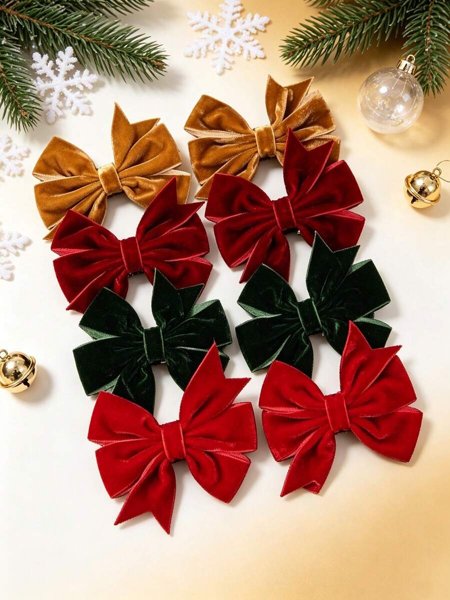 2/8pcs Christmas Velvet Hair Bow Clips For Girls,Minimalist Solid Color Bow Hair Barrettes,Fall Winter Christmas Holiday Hair Accessories Gift For Kid - Multicolor - View 1