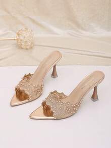 Women's Embroidered Beaded Decor Open Toe Mule Sandals, Ruffle Trim High Heel Slip-On Party Sandals, Fashion Beaded High Heel Sandals - Champagne - View 2