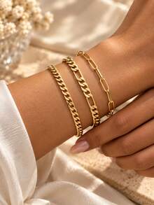 VceTd 5PCS Casual Style Stainless Steel Women's Chain Bracelets With Twisted Chain/NK Chain/Blade Chain/Paperclip Chain/Basic Chain Design, Suitable For Daily Wear - Yellow Gold - View 4