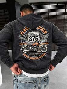 Men's Fashion Sports Distressed Washed Motorcycle Print Hoodie Sweatshirt - Black - View 1
