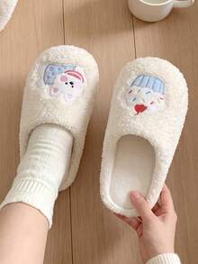 Sandal Plush Wanita Model Baru 2025 untuk Rumah, Dalam Ruangan, Hangat, Anti Selip, Sol Tebal, Sandal untuk Musim Gugur/Dingin - Krem - View 3